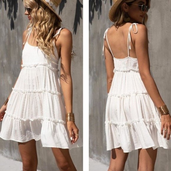 Rock Springs Collection Dresses New White Boho Tiered Swiss Dot